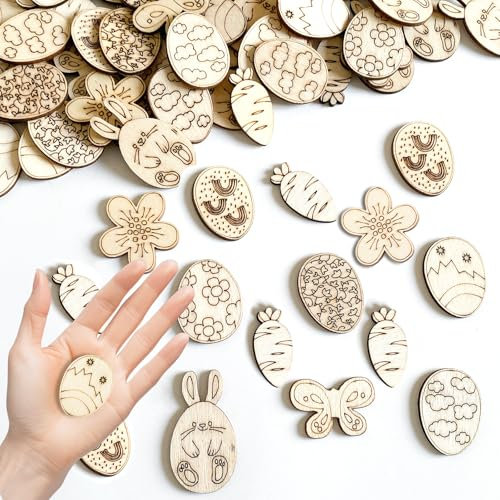 MAJSHDIO 100 Stück Streudeko Ostern Holz ,Tischdeko Ostern Deko Holz Konfetti,Ostern Geschenke Basteln, Ostern DIY Supplies, Ostern Deko,DIY Handwerk Zubehör, Hase und Ei Designs, Naturholz.