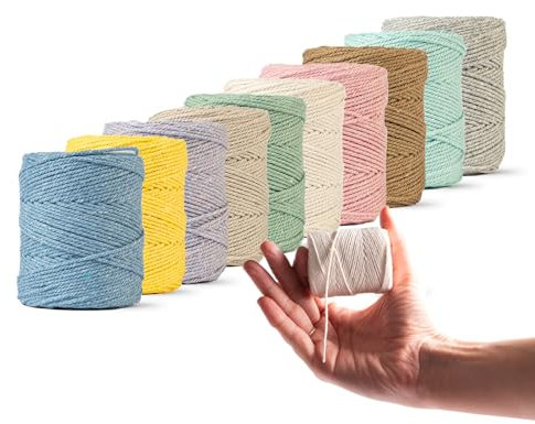 LEDENT Makramee Garn (1mm, 10x65m, Set 10 Farben) - Doppelt gedrehtes Seil aus 100% recyceltes Baumwolle - Makramee Garn Satz 10 kleine Rollen mit Erdtönen