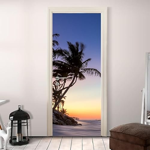 Stickers Porte Palmiers Tropicaux Autocollant Porte Plage 3D Auto-adhésif Sticker Meuble Papier Peint Autocollants de Décoration Poster 90x200 cm G/T2517