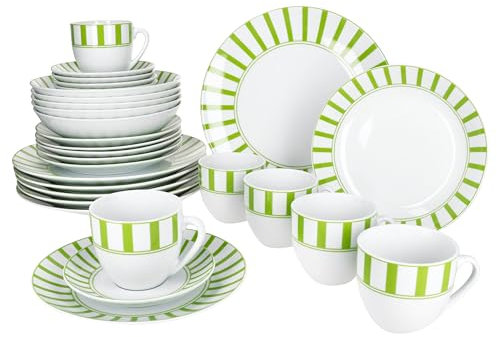 MamboCat Split Green Service de table 30 pièces en porcelaine blanche avec rayures pour 6 personnes I 6 tasses, soucoupes, assiettes à gâteau, assiettes creuses et assiettes plates