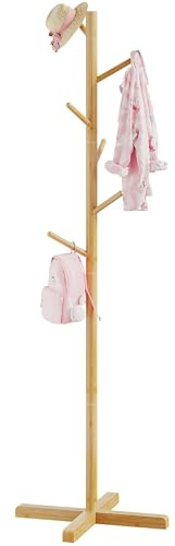 BAMBOOHOMIE Porte-manteau en bambou pour enfants avec 6 crochets, 2 hauteurs réglables, porte-manteaux autonomes pour chambre à coucher, couloir, entrée, chapeaux suspendus et sacs à main (129,5 cm de