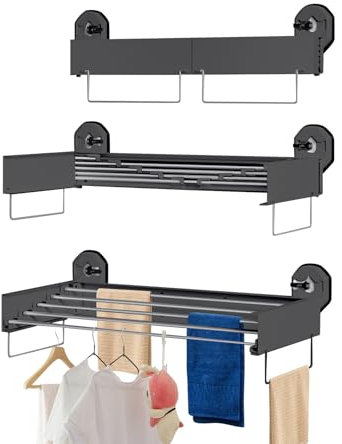 GDWD Wäscheständer mit Saugnapf, 50x25cm Klappbar Ausziehbar Wandmontage Wäschetrockner, Platzsparend Wandtrockner Wäscheleine Kleiderständer Handtuchhalter mit 4 Stangen für Innen Außen (Schwarz)