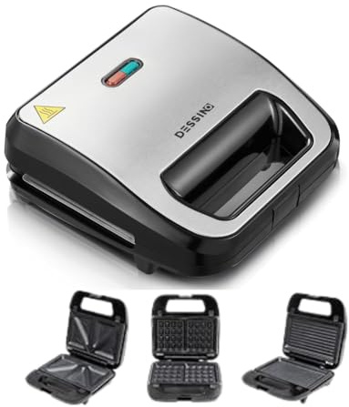 DESSINO Sandwichera 3 en 1, 3 Juegos de Placas Desmontables Antiaherentes e intercambiables para Gofres, Panini y Bocadillos, Fácil limpieza, Asa de Tacto Frío, 750W,Color Negro