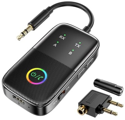 Bluetooth-Sender-Empfänger, kabelloser Audio-Adapter mit aptX Adaptive unterstützt 2 Kopfhörer, 3,5 mm Audio-Adapter für Flugzeuge, Auto, TV, PC, Fitnessstudio, Lautsprecher, Verstärker