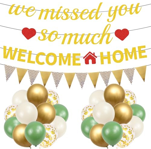 Welcome Home Decorations Balloons Banner - 28 Pcs Gold Welcome Home Banner, We Will Missed You Banners Sage Green Latex Balloon for Housewarming Homecoming Family Baby Shower Party Supplies