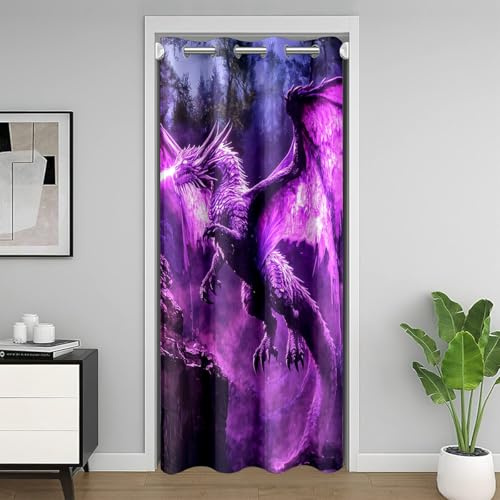Homemissing Purple Dragon Türvorhang 132x203cm Kids Western Dragon Vorhang Kinder Jungen Mädchen Fantasy Theme Zimmer Divider Magisches Feuer Vorhang Berg