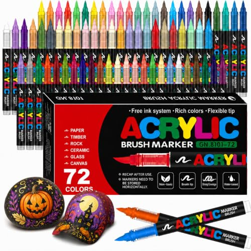 Bonala 72 Acrylstifte Set mit Pinselspitze – wasserfeste Acrylmarker zum Steine bemalen, für Stoff, Glas, Holz, Keramik – ideales Malset für kreative Erwachsene