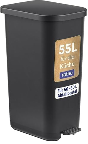 Rotho Orbe Mülleimer 55l mit Deckel und Fußpedal, pflegeleichter Kunststoff (PP) BPA-frei, schwarz, 50 l (42,3x31,7x67,6 cm)
