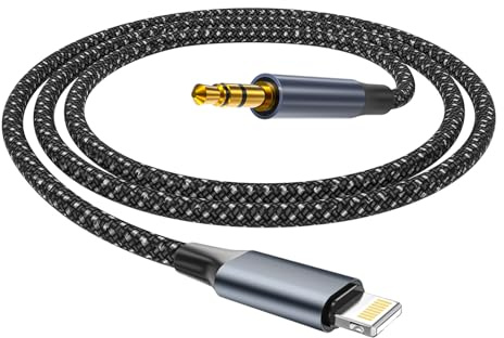 Aux Cable for iPhone in Car, [Apple MFi Certified] Aux to Lightning Cable 1M Nylon Braided, Lightning to 3.5mm Adapter, Compatible with iPhone 14/13/12/11 Pro Max/X/8/7/SE, for Car Home Stereo/Speaker