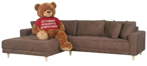 MR. DEKO Ecksofa Gorino groß Braun | Couch L-Form Polsterecke Strukturstoff | Wohnlandschaft Braun Modern | Big-Sofa 3-Sitzer inklusive Kissen | 283x176x76cm | Ottomane beidseitig montierbar