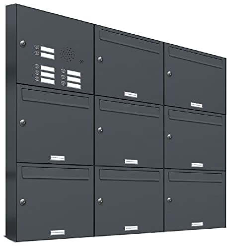 AL Briefkastensysteme 8er Briefkastenanlage mit Klingel Anthrazit Grau RAL 7016, Premium Briefkasten DIN A4, 8 Fach Postkasten modern Aufputz