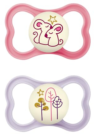 iCatcher Air Night Pacifiers (2 Pack, 1 Sterilizing Pacifier Case), MAM Sensitive Skin Pacifier 6+ Months for Baby Girl, Glow in The Dark Pacifier, Best Pacifier for