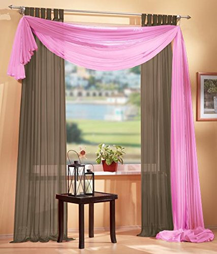 Gardinen Set, 2 x Schlaufenschal Voile, transparent, 245x140, Nougat, 1 x Voile Querbehang, Freihanddeko, 140x600, Rosa, 61000560