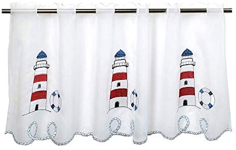 Tischdeckenshop24 Scheibengardine Leuchtturm für Küche und Badezimmer, weiße Gardine mit maritimen Motiv, Moderne und transparente Bistrogardine, 45x115 cm
