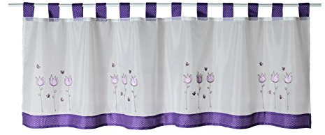 Haus und Deko Bistrogardine Tulpen Stickerei ca. 155x45 cm Voile Fenstergardine lila Borte Schlaufen mit Punkte weiß