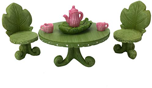GlitZGlam Miniatur-Fee Gartenmöbel Set: Blatt Bistro Set mit Tee-Set für Feen und Gartenzwerge