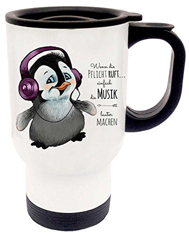 ilka parey wandtattoo-welt® Thermobecher Thermotasse Becher Tasse Pinguin mit Kopfhörer und Spruch wenn die Pflicht ruft... tb056