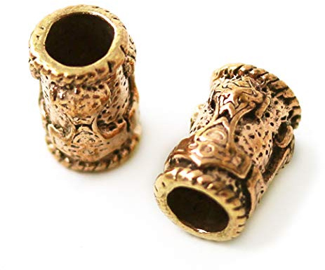 Bronze Norse Thors Hammer Beard Beads Rings, Dreadlock Viking Pirate Medieval Hair Beads, Pagan Jewelry