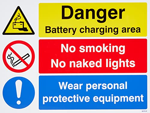 Caledonia Signs 16278K englisches Schild „Battery Charging Area, Wear PPE, No Smoking, No Naked Lights, starrer Kunststoff, 400 x 300 mm