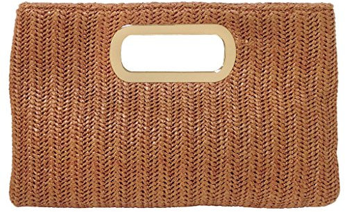Top Handle Straw Clutch, Tan, L