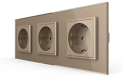 LIVOLO Gold 3 Fach Schuko Steckdose Schutzkontakt mit Kindersicherung Panel aus Kristallglas EU Standard Wandsteckdose,VL-C7C3EU-13-A