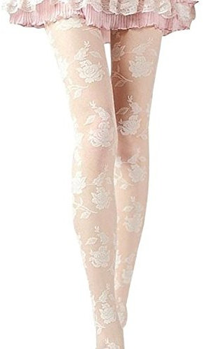 bismarckbeer Collant sexy en dentelle pour femme Motif rose - Blanc - Taille Unique