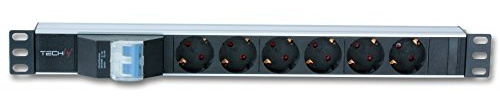 TECHLY Professional 100471 Mehrfachsteckdose mit 6 Steckplätzen, 19 Zoll (39 cm), mit magnetischem Schuko-Stecker, abgewinkelt, 1 U, schwarz/rot