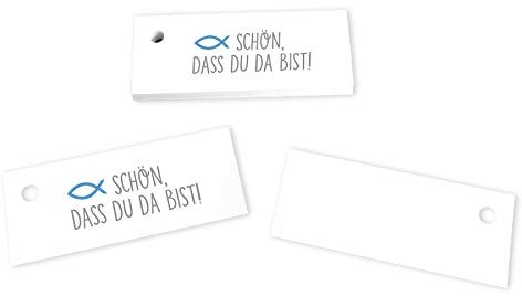 in due 20 Kärtchen 'Schön, DASS du da bist!' Fisch grau blau 7,5 x 3 cm - Gastgeschenke Taufe Kommunion Bastelbedarf Feier Party