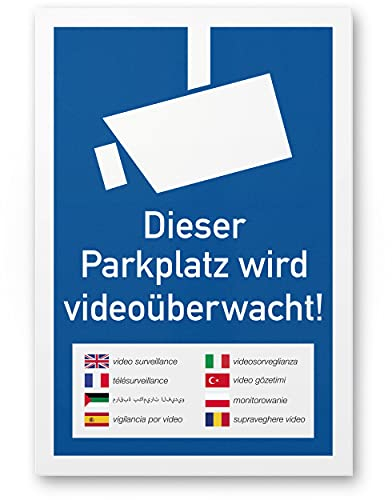 Komma Security Parkplatz Videoüberwacht mehrsprachig Schild 20 x 30 cm - Achtung Vorsicht Videoüberwachung - Hinweis Hinweisschild Videoüberwacht - Warnschild Warnhinweis Videoüberwachung
