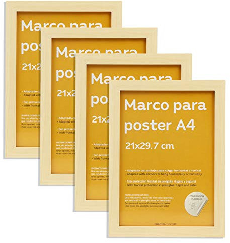 Nacnic - Pack 4 Marcos de Madera MDF Blanco y Vidrio Acrílico | Protección y Expositor de Fotografías, Láminas, Pósters, Cuadros y Decoración para Salón, Dormitorio u Oficina | A4 (21x29,7 cm)