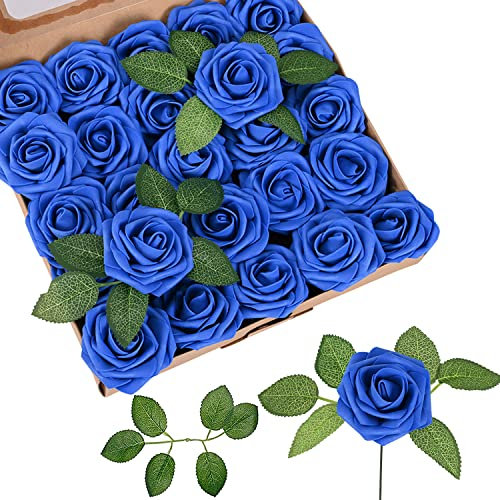 Künstliche Rosen Blumen Blaue Rosen mit verstellbaren Stielen und Blatt 25 Stück Königsblau Schaumrosen Dekoration DIY für Hochzeitssträuße Arrangement Home Dekor Geburtstagsfeier Dekoration