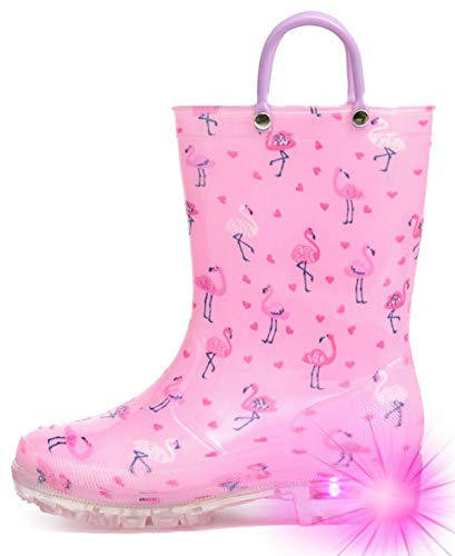 Hugrain Adorables bottes en caoutchouc lumineuses pour enfants avec poignées faciles à enfiler, Flamant rose, 28 EU