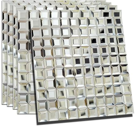 Soulscrafts Mirror Glass Mosaic Tile, Beveled Seamless Crystal Diamond Silver Backsplash 12x12 Inch for Kitchen Bathroom 5 Sheets