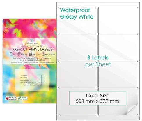 Evergreen Goods 10 Blatt A4 Wasserdichte Vinyl Etiketten, 8 pro Blatt (2x4), 80 Stück Selbstklebend Weiß Glänzend PVC Aufkleber, Bedruckbar für Tintenstrahldrucker, Adressaufkleber & Basteln