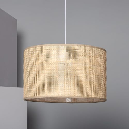LEDKIA LIGHTING - Hängeleuchte Rattan Baracoa | Pendelleuchte Landhaus Stil | E27 Fassung | Für Wohnzimmer, Küche, Schlafzimmer | Ø40 cm, Weiß, Textil