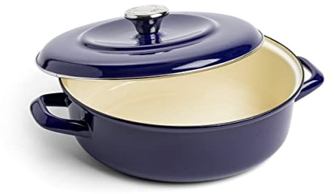 Merten & Storck German Enameled Iron, Shallow Round 26 cm/3.8 Litre Dutch Oven with Lid, Induction, Cobalt Blue