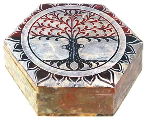 Soapstone Jewellery Box Trinket Hand Carved Design Decorative Keepsake Storage Organiser Chest Earring Makeup Accessories Gift Home Décor Hexagonal (Tree Of Life)