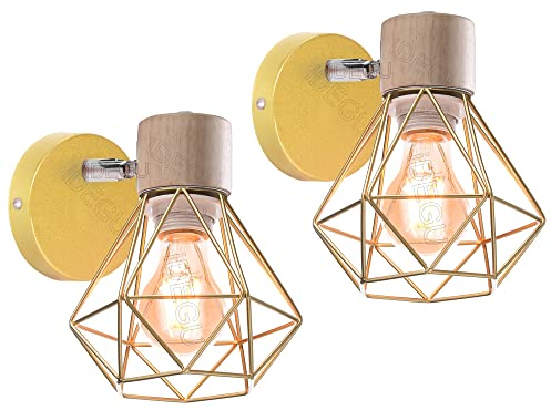 iDEGU 2 Stücke Vintage Wandlampe 16CM Wandleuchte Industrial Design Geometrischem Käfig Lampenschirm Retro Lampe aus Holz Eisen Verstellbare Deckenleuchte Wandleuchte für Wohnzimmer Flur (Typ-B Gold)
