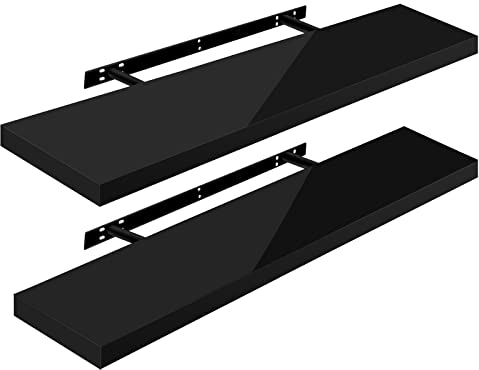 WOLTU Wandregal Volato Set von 2 Regalen Wandboard freischwebend Schweberegal CD DVD Regal Bücherregal Holz Board 100x22,9x3,8cm Hochglänzend Schwarz RG9482sz-2
