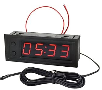 FBBULES 0.39’’ 3 in 1 Auto Uhr, DC 5-50V Thermometer Digital Voltmeter Elektronisch Uhr Messung Instrument LED Anzeige für SUV, Motorrad, Boot