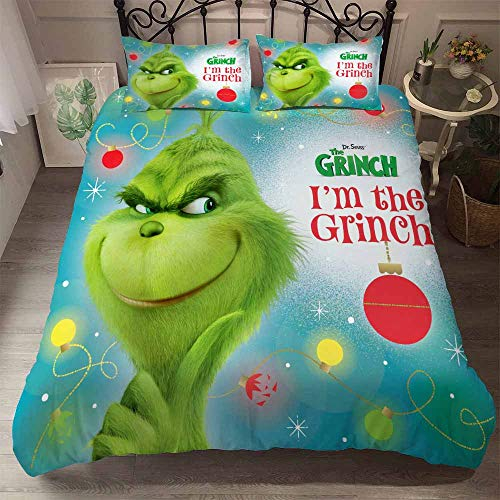 LISaINmAy The Grinch Rotierendes Bettbezug- Und Kissenbezug-Bettwäsche-Set Für Kinder (Einzel (135x200cm),Grün 01)