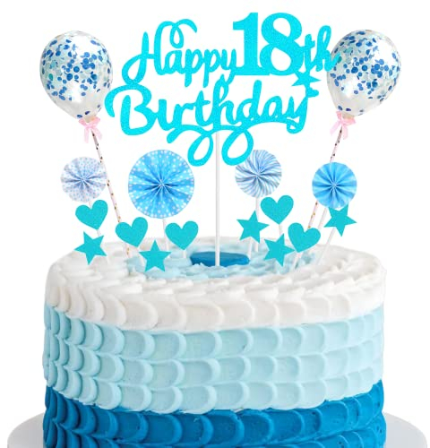 Happy 18th Birthday Tortendeko für Junge und Mädchen - Kuchendeko Blau Mit Herz, Stern, Ballon, Glitter Cake Topper
