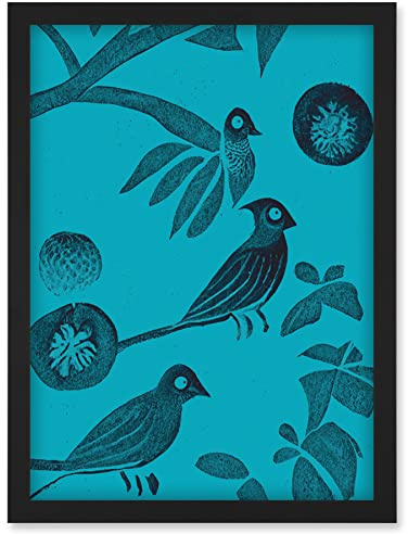 Doppelganger33 LTD Linocut Vintage Blue Birds Jungle Pattern Illustration Teal Artwork Framed Wall Art Print A4