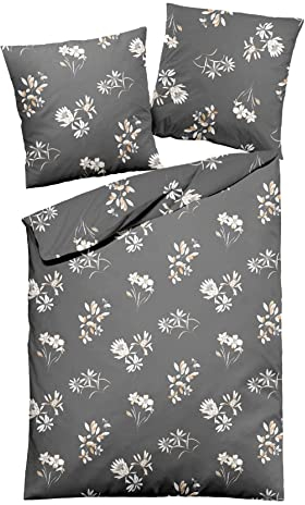 Dormisette Edel Biber Bettwäsche 155x220 Blumen grau weiß Sand 8078-71