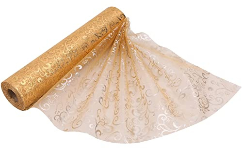 29cm x 25m Organza Roll Snow Sheer Fabric - Glitter Roll for Christmas Chair Bows, Table Runners, Dress Accents, Crafting Supplies for Ribbons, Party Favours, Flocked Design - Gold
