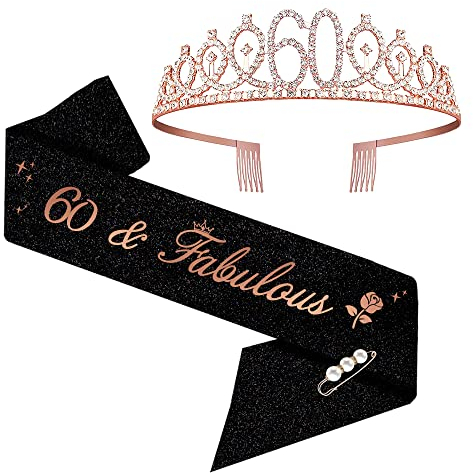 60. Geburtstags Tiara, 60 & Fabulous Geburtstags-Krone Schärpe Set, 60 geburtstag deko für 60. geburtstag frauen alles Gute zum 60. Geburtstagsgeschenk, Partyzubehör (Rosegold)