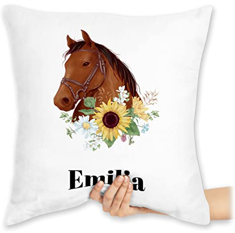 Kissen 40x40 Zierkissen - Pferd - Pferde Mädchen Geschenk I Pferdekopf - 40 x 40 cm - Weiß - pferdekissen Reiter Name pferdeliebhaber kopfkissen pferdemotiv reiterzubehör REIT pferdezubehör