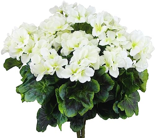 FAICOIA Künstliche Geranien für den Außenbereich, Seide, Geranien, Blumen, weiß, künstliche Geranien, Kunstblumen, Geranien, Zweig für Garten, Terrasse, Grab, Friedhof, Vase, Tisch, Tafelaufsatz,