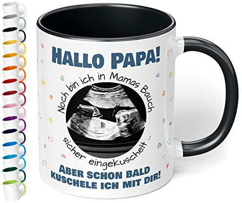 Werdender Papa Tasse Idee Schwangerschaft Verkünden – Keramiktasse mit Ultraschallbild personalisiert „Hallo Papa! Noch bin ich in Mamas Bauch“ – Geschenk Vater Baby Ultraschall-Bild (Schwarz)