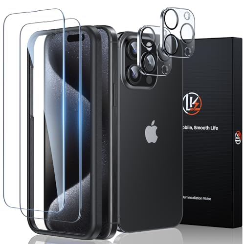 LK cc für iPhone 15 Pro Max Schutzfolie, Rahmen-Installationshilfe, 3 Glasfolie für Kameraschutz, Frei von Kratzern Folie, 9H Härte Panzerfolie, HD Displayschutz klar